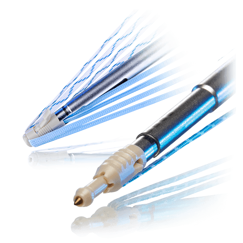 poplok knotless suture anchor tip with blue and white sutures coming out alongside smaller poplok tip