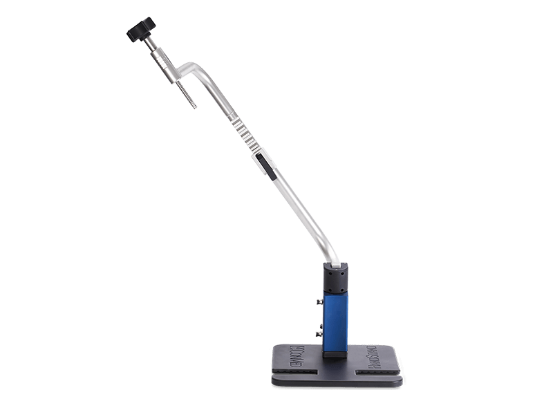 handstand traction tower tilted at forty five degrees with a black hexagon backdground